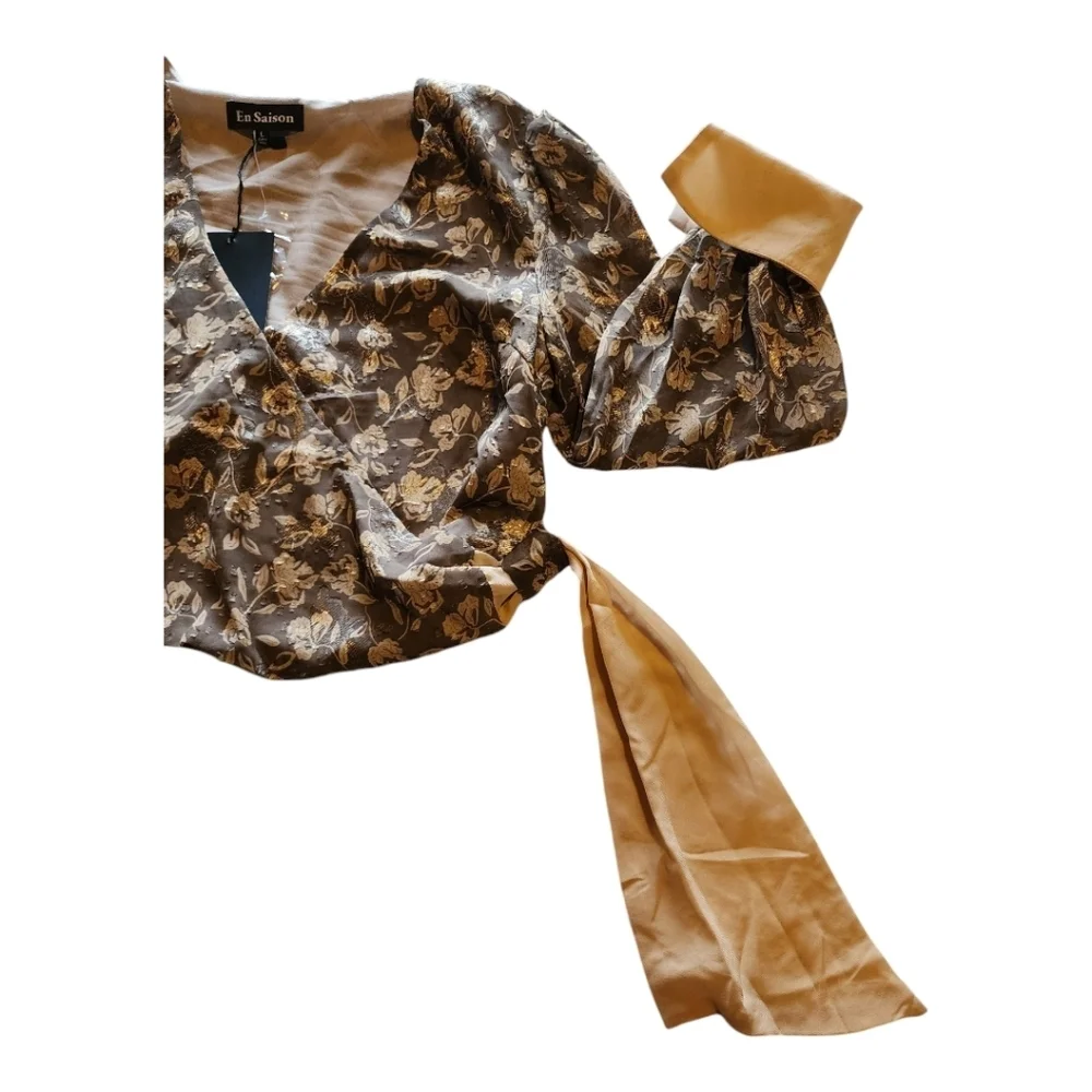 Anthropologie En Saison Wrap Blouse Brown Floral Jacquard Puff Sleeve Tie L NWT - Picture 5 of 16